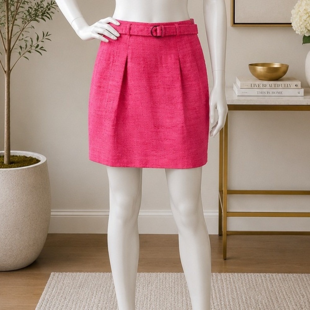 Akris Punto Womens Skirt Pink Silk Tweed Belted Pleated Pencil Size 8